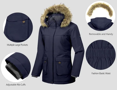 Vista 3 de Little Donkey Andy Chaqueta de esquí con capucha impermeable y aislante para mujer, chaqueta larga de montaña
