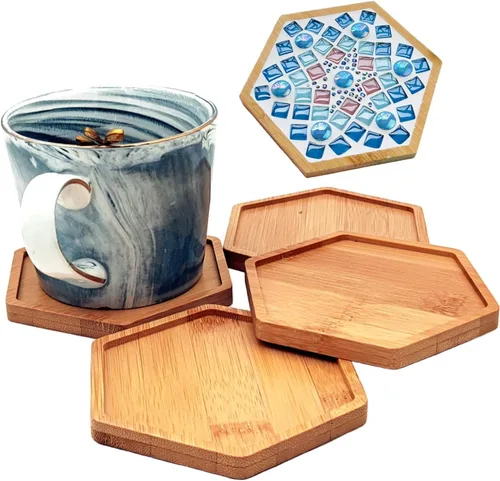 Vista 16 de 4 posavasos de bambú de mosaico para manualidades, bandejas de base en blanco, posavasos para beber, posavasos para plantas, placa de arte
