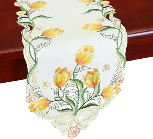 Vista 14 de Caminos de mesa pequeños bordados de tulipán, manteles florales de primavera para Pascua (azul, 13 x 35 pulgadas)