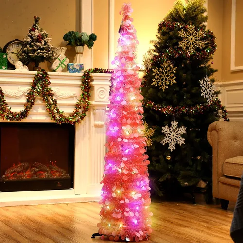 Vista 9 de Aoriher Árbol de Navidad de Oropel Negro Plegable Emergente Preiluminado de 5 pies con Luces de Cadena Moradas, Árbol Artificial Reutilizable