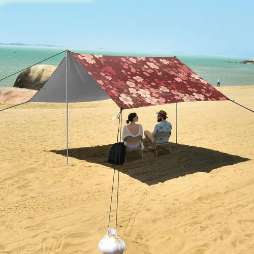 Vista 7 de Cherry Blossom Deep Red Beach Cabana UPF50 Lightweight Portable Sun Shelter with Sandbags & Sand Shovel for Backyard and Camping