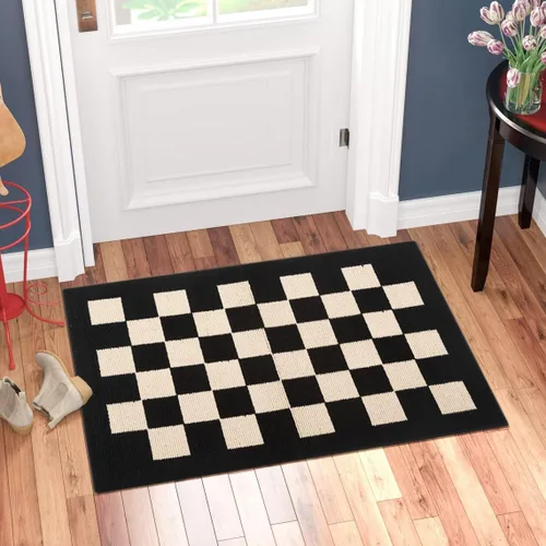 Vista 7 de Tapete para puerta delantera, 20 x 32 pulgadas, geométrico a cuadros, color negro, tapetes finos para puerta interior para entrada, patio, negro