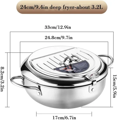 Vista 7 de WSHA Olla de acero inoxidable para freidora, sartén con control de temperatura, estilo japonés, Tempura con escurridor de aceite, para cocina