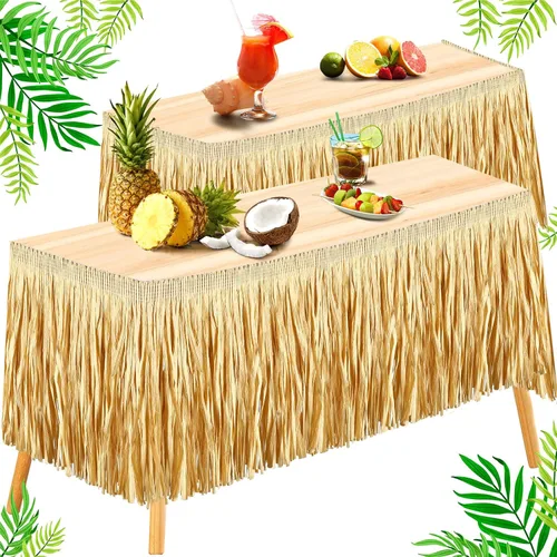 Vista 2 de Tegeme 2 piezas Luau Raffia Grass falda de mesa con flecos, 157 x 12 Verde