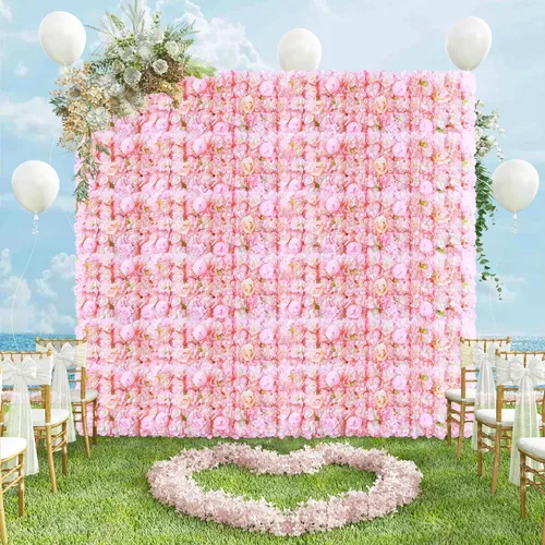 Vista 5 de FUHSY Telón de fondo de pared de flores rosas, 12 piezas de fondos de pared florales artificiales de 15 x 15 pulgadas, telón de fondo de boda