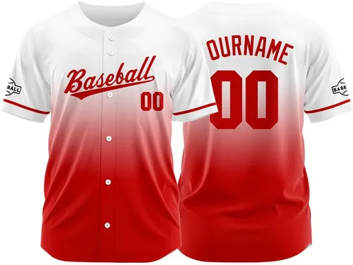 Vista 18 de Camiseta de béisbol con degradado personalizado, nombre, número y logotipo personalizados para hombres, mujeres y niños