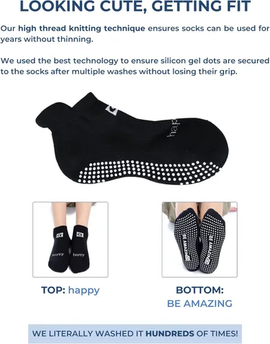 Vista 3 de Calcetines antideslizantes para yoga, barre, pilates, hospital, maternidad, con empuñaduras, para mujeres y hombres, 2 pares, color negro