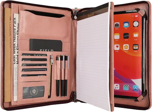 Vista 11 de Portafolio de cuero para iPad Pro/Air de 13/12.9/11 pulgadas, soporte de cuero grabado con soporte para iPad para bloc de notas tamaño carta Negro