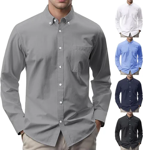 Vista 2 de Camisas Oxford para hombre, estilo casual, con cuello abotonado, manga larga, ajuste regular, suave, para negocios, con bolsillo