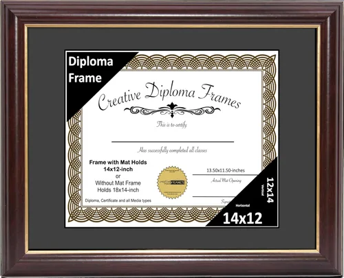 Vista 80 de Creative Picture Frames Marco para Diploma de Caoba con Borde Dorado de 12x16 pulgadas con Vidrio y Paspartú Negro y Colgadores de Pared Instalados