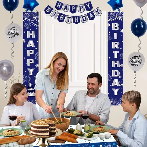 Vista 4 de Decoraciones de cumpleaños azules y plateadas, decoraciones de fiesta de cumpleaños para hombres, niños, mujeres y niñas, con pancarta de feliz