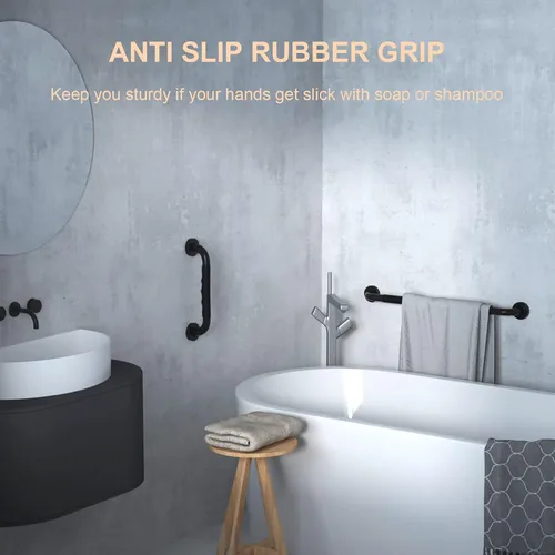 Vista 3 de Barra de agarre para ducha negra de 12 pulgadas con agarre de goma antideslizante, ZUEXT Barra de agarre para baño de acero inoxidable, Barra