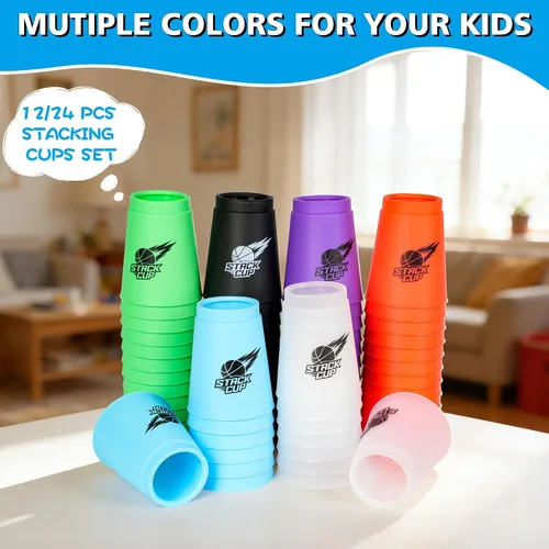 Vista 4 de DEWEL Quick Stacks Cups, 12 piezas de juego de entrenamiento de velocidad de vasos apilables (negro-nuevo)