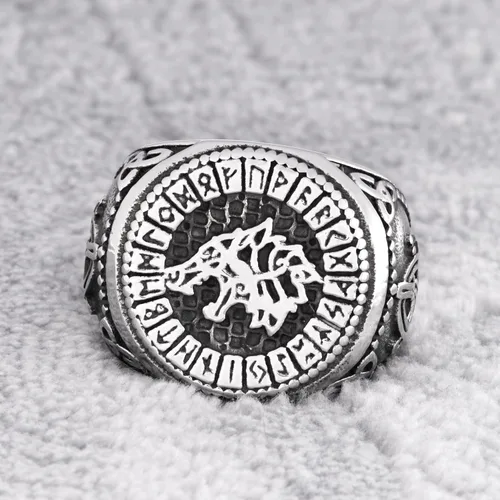 Vista 2 de Gungneer Anillo de lobo de Fenrir rúnico de acero inoxidable Odin nórdico runa círculo vikingo, joyería para hombres y mujeres, Metal, n