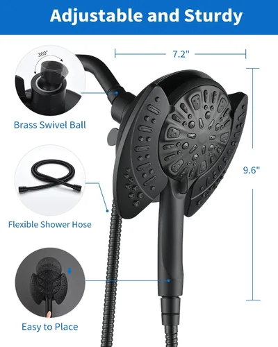 Vista 5 de Cabezal de ducha 2 en 1 con combo de mano de alta presión, color negro, 2.5 GPM 7.2" Rain Showerhead and 9 Spray Hand Held Shower, Adjustable