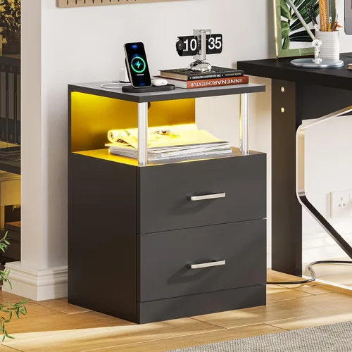 Vista 6 de VIAGDO - Mesa de noche negra con estación de carga y puertos USB, mesa de noche LED con 2 cajones, mesas de cabecera modernas con almacenamiento