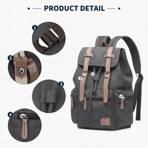 Vista 5 de DTGN Mochila de lona vintage para hombres y mujeres, mochila casual duradera con acento de cuero, se adapta a la universidad, trabajo, viajes y al