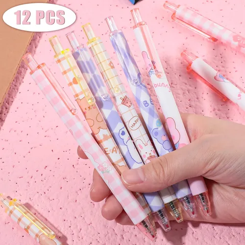 Vista 2 de Qualirey 12 bolígrafos Kawaii de tinta de gel de 0.020 in de tinta negra, bolígrafos Kawaii, retráctiles, elegantes, suministros escolares