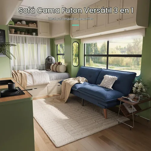 Vista 8 de LINSY HOME Sofá cama futón, sofá futón de felpilla de 70 pulgadas con respaldo ajustable, cómodo sofá cama convertible 3 en 1 para espacios Azul