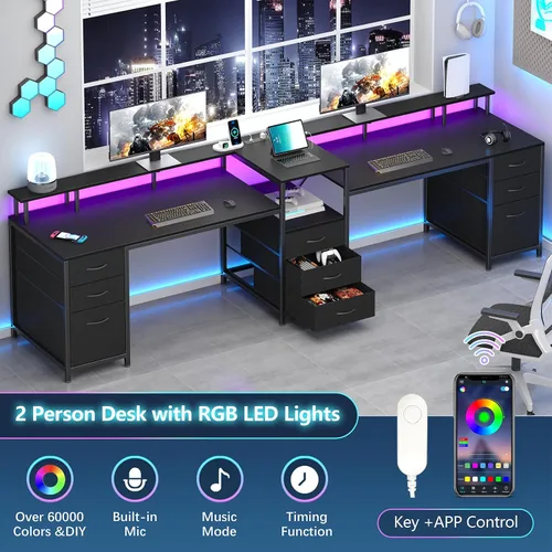 Vista 6 de YOMILUVE Escritorio para Computadora de 98.4" de Largo con 9 Cajones, Escritorio de Juegos para 2 Personas con Luces LED y Toma de Corriente