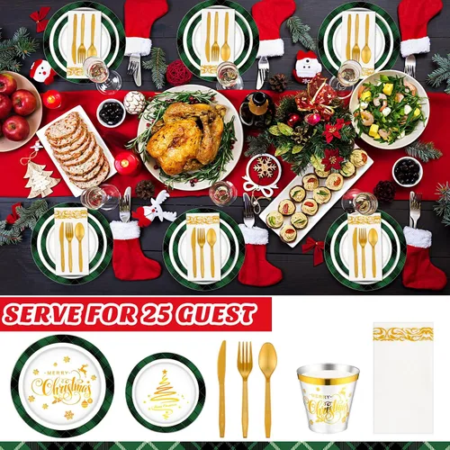 Vista 7 de Layhit Juego de 175 piezas de platos de plástico de Navidad desechables, vajilla de plástico de Navidad desechable para 25 invitados, platos