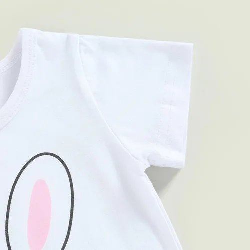 Vista 3 de Conjunto de ropa de verano con estampado de conejoletras, cuello redondo, parte superior de conejozanahoria, campana