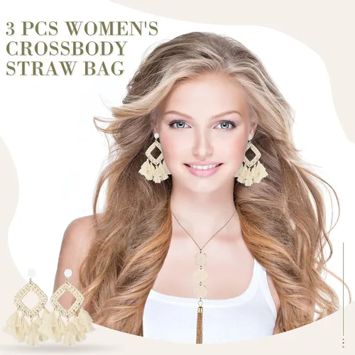 Vista 6 de Cunno Juego de bolsas de paja para mujer, diseño de embrague tejido de vacaciones 2024, bolso cruzado de verano, bolsos de hombro bohemios, aretes