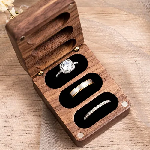 Vista 4 de Caja de madera para anillos de 3 anillos, ceremonia de boda, caja de madera grabada, accesorios de boda, cajas de anillos para ceremonia de boda
