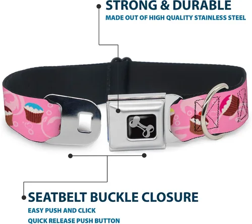 Vista 4 de Buckle-Down Collar de perro con hebilla para cinturón de seguridad, diseño de remolinos de cupcakes, rosa, multicolor, 1 pulgada de ancho, se adapta