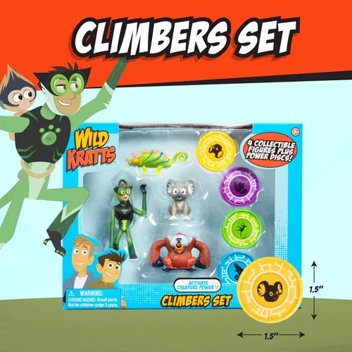 Vista 2 de Wild Kratts Climbers Figuras de Acción Coleccionables y Discos (8 piezas) Incluye 4 Discos de Poder de Criatura + 4 Animales - Juguetes con Licencia