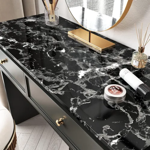 Vista 6 de Papel de contacto de mármol blanco y negro brillante para cocina, baño, papel tapiz de granito brillante, despegar y pegar, encimeras, papel