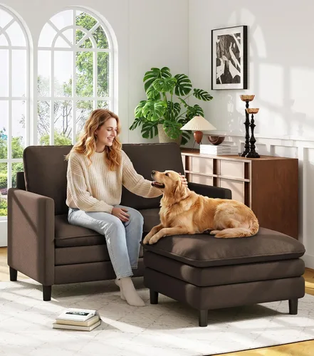 Vista 36 de Welzona Loveseat, 51" Small L Shaped Couch, Comfy Teddy Love Seat with Ottoman Set, Tool-Free Setup Loveseat Sofa with Ottoman, All-Wood Small Sofa