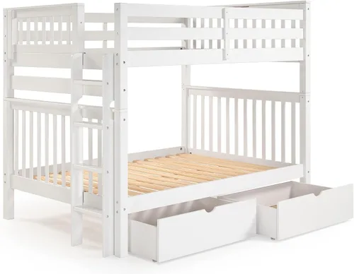 Vista 5 de Bedz King Literas de estilo misión matrimonial sobre tamaño matrimonial con escalera lateral y 2 cajones debajo de la cama, color blanco