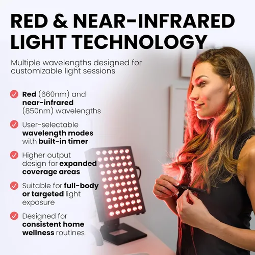 Vista 3 de Hooga Panel de terapia de luz roja para cara y cuerpo, luz LED roja e infrarroja cercana con temporizador y soporte, 60 LED de bajo nivel de alta
