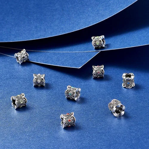 Vista 6 de Beadthoven 50 unidades de 0.354 x 0.394 in de aleación de metal espaciadores estilo tibetano flor chapado en plata antigua con diamantes