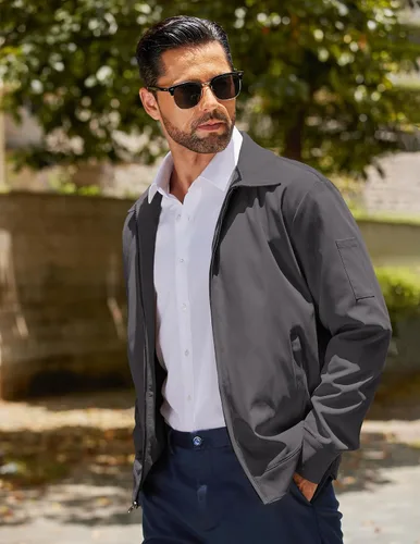 Vista 2 de COOFANDY Chaqueta ligera con cremallera para hombre Eisenhower para trabajo, oficina, casual, para golf