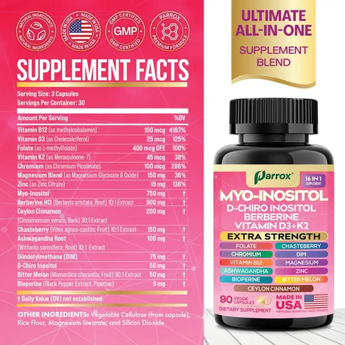 Vista 2 de Suplemento de Myo Inositol, D-Chiro Inositol, Folato, DIM, Vitamina D3, B12, K2, Cromo, Bioperina, Canela de Ceilán, Zinc, Ashwagandha, Agracejo