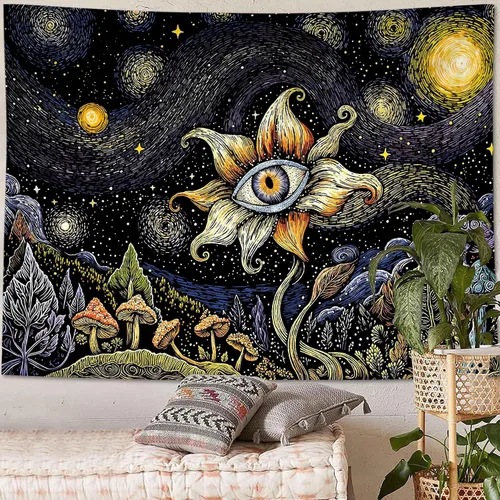 Vista 2 de Yeoiat Tapiz de flores cósmicas, tapiz de hongo, paisaje en pared, noche estrellada, arte botánico visionario, decoración para recámara