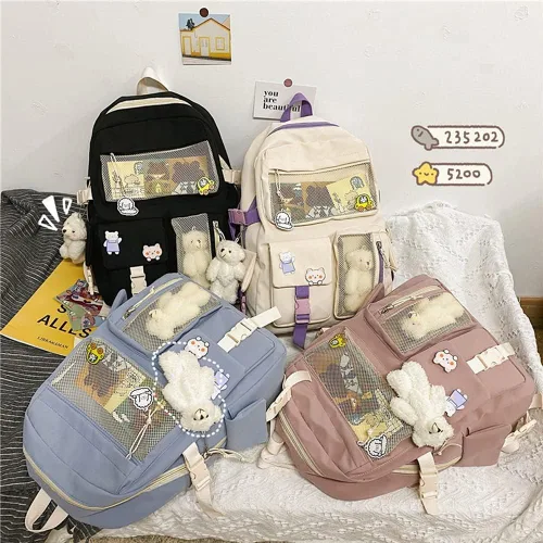 Vista 5 de Mochila kawaii con bonito pin y accesorios, linda mochila kawaii para mochila escolar, mochila kawaii para niña, Negro