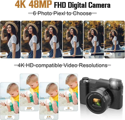 Vista 6 de Cámara digital 4K para fotografía, enfoque automático, cámara de vlogging de 48 MP para YouTube, cámara compacta de zoom digital 8X, pantalla de 3
