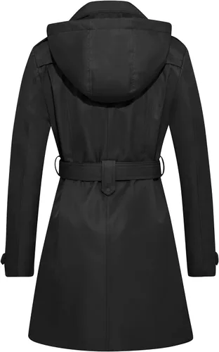 Vista 2 de FARVALUE Gabardina impermeable para mujer, cortavientos de doble botonadura, abrigo clásico con solapa con cinturón y capucha extraíble