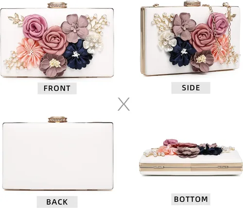 Vista 4 de Embrague floral para mujer, bolso de mano floral con flores en 3D, bolso de mano con rosas y flores, para boda y noche