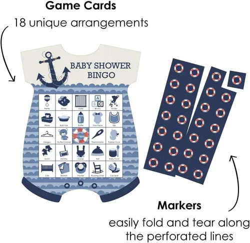 Vista 2 de Big Dot of Happiness Ahoy - Náutico - Tarjetas de bingo con imágenes y marcadores - Juego de bingo en forma de baby shower - Juego de 18