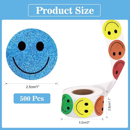 Vista 2 de 500 calcomanías de cara sonriente, calcomanías de cara feliz de 1 pulgada, rollo autoadhesivo holográfico para profesor, para aula, recompensa