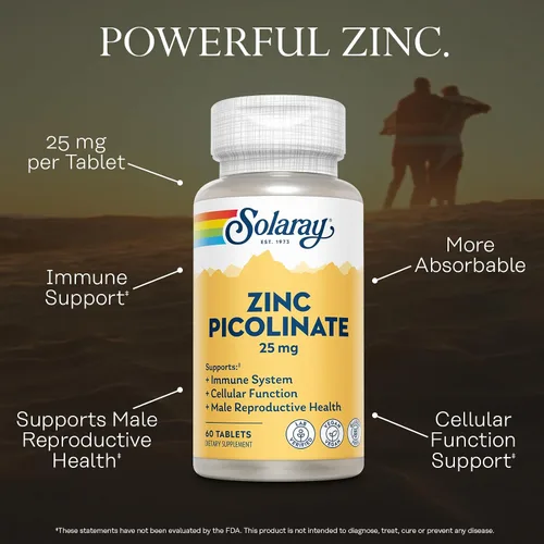 Vista 3 de SOLARAY Picolinato de Zinc 25 mg - Suplementos de zinc para hombres y mujeres - Suplemento de apoyo inmunológico - Vegano, sin gluten, verificado