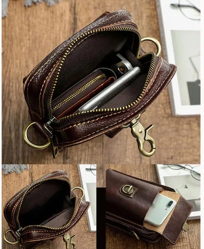 Vista 2 de Ztimi Bolso de mensajero de un solo hombro de color frotado a mano para hombre, bolsa colgante retro pequeña bolsa de teléfono móvil