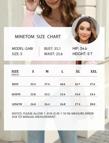 Vista 6 de Minetom Camisetas de manga larga con cuello en V para mujer, estilo casual, bloque de colorsólido, camisetas básicas
