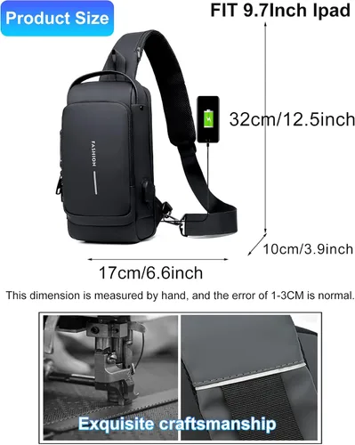 Vista 5 de Sling Bag for Men Anti-Theft USB Crossbody Backpack Waterproof Chest Daypack