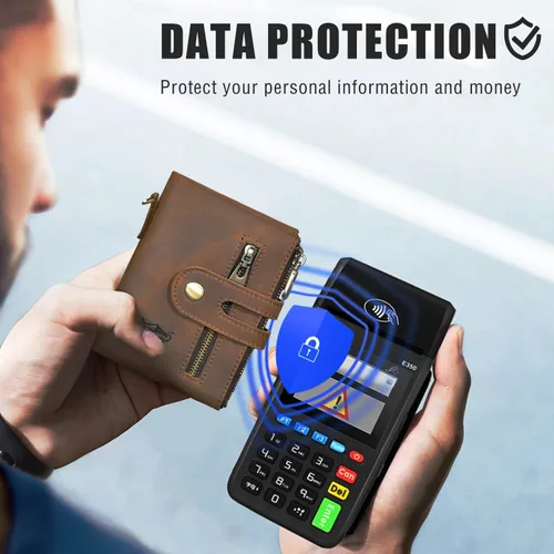 Vista 3 de Genuino caballo loco cuero viaje regalo moneda bolsillo tarjeta caso largo organizador cadena Rfid monedero con broche para hombres hombres 1803