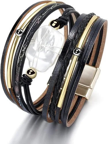 Vista 4 de Fesciory - Pulsera de leopardo para mujer, estilo bohemio de cuero multicapa con perlas de cristal